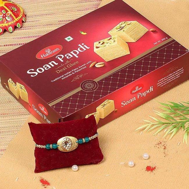 Designer Rakhi with Soan Papdi Combo - YuvaFlowers