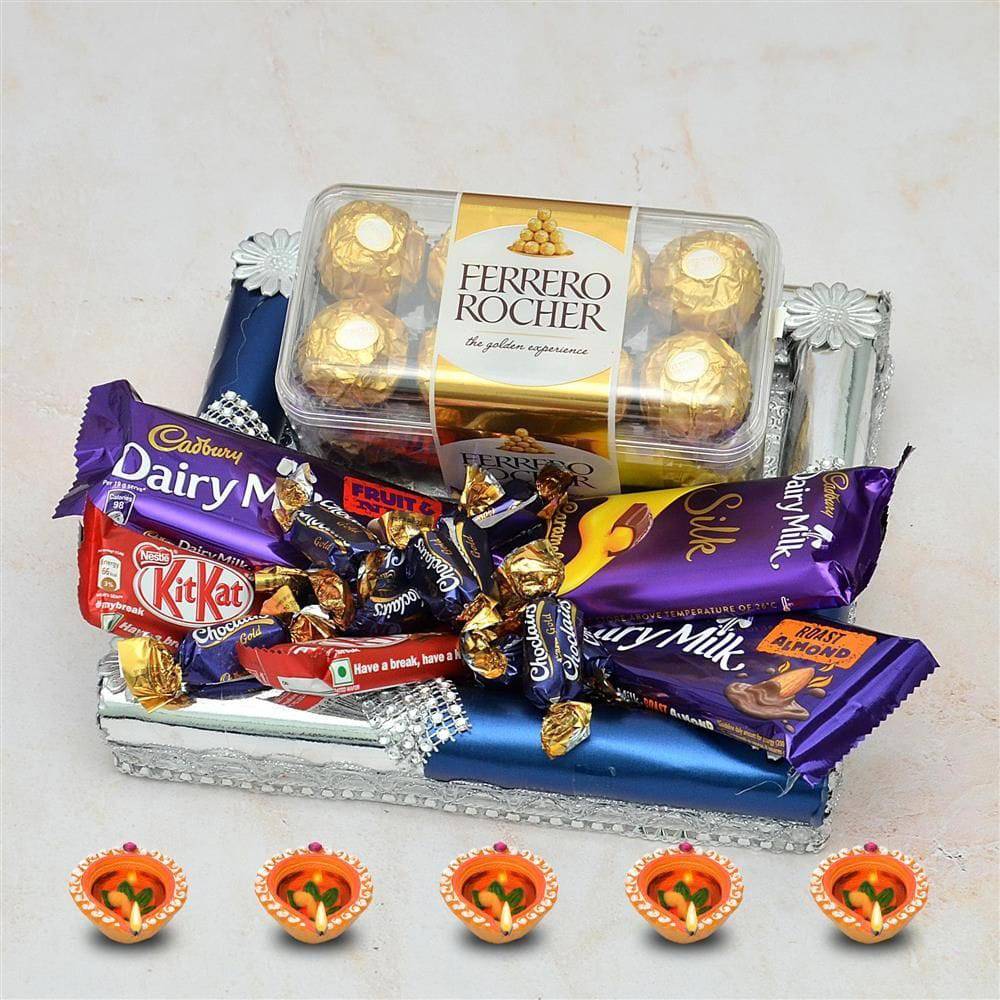 Diwali Chocolate Thali - 3 Dairy Milk, 2 Kit Kat in a Thali - YuvaFlowers