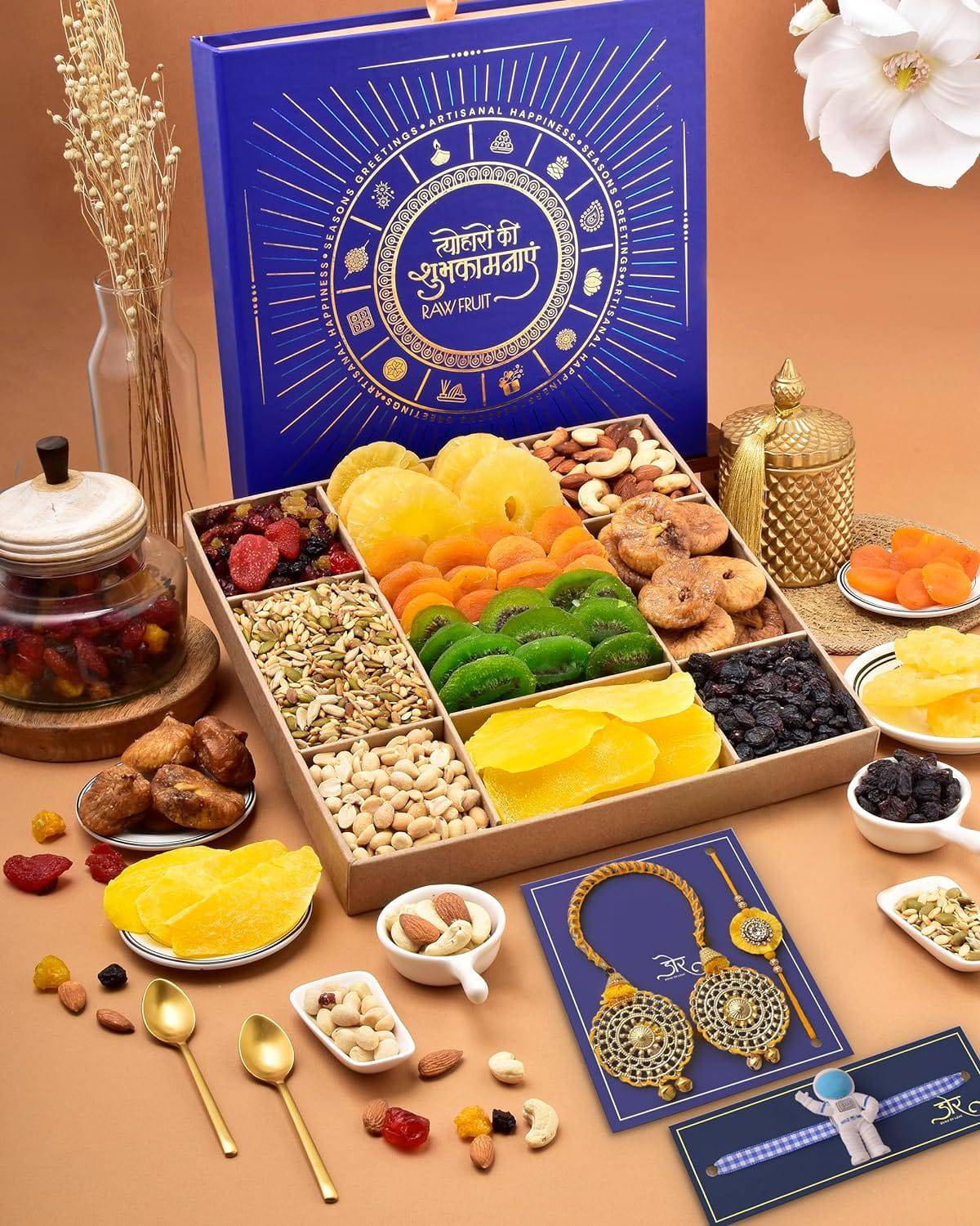 Diwali Gift Items Diwali Dryfruit Gift Box Diwali Hampers Diwali Gift For Family And Friends Gift For Diwali Blue L10 Tray Mango Kiwi Apricot Dry Fruits Combo Pack - YuvaFlowers