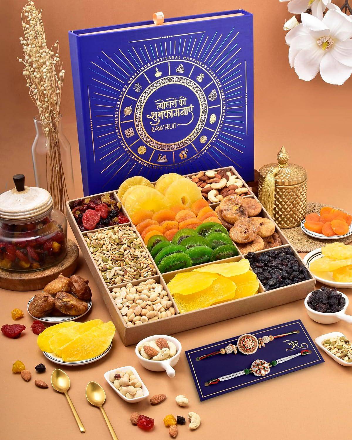 Diwali Gift Items Diwali Dryfruit Gift Box Diwali Hampers Diwali Gift For Family And Friends Gift For Diwali Blue L10 Tray Mango Kiwi Apricot Dry Fruits Combo Pack - YuvaFlowers