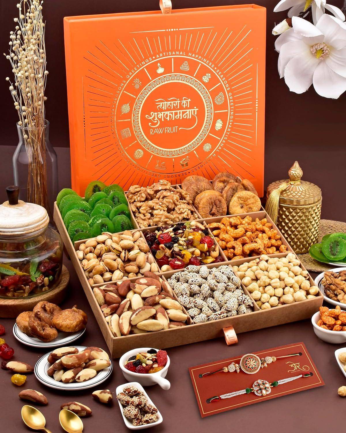 Diwali Gift Items Diwali Dryfruit Gift Box Diwali Hampers Diwali Gift For Family And Friends Gift For Diwali Blue L10 Tray Mango Kiwi Apricot Dry Fruits Combo Pack - YuvaFlowers
