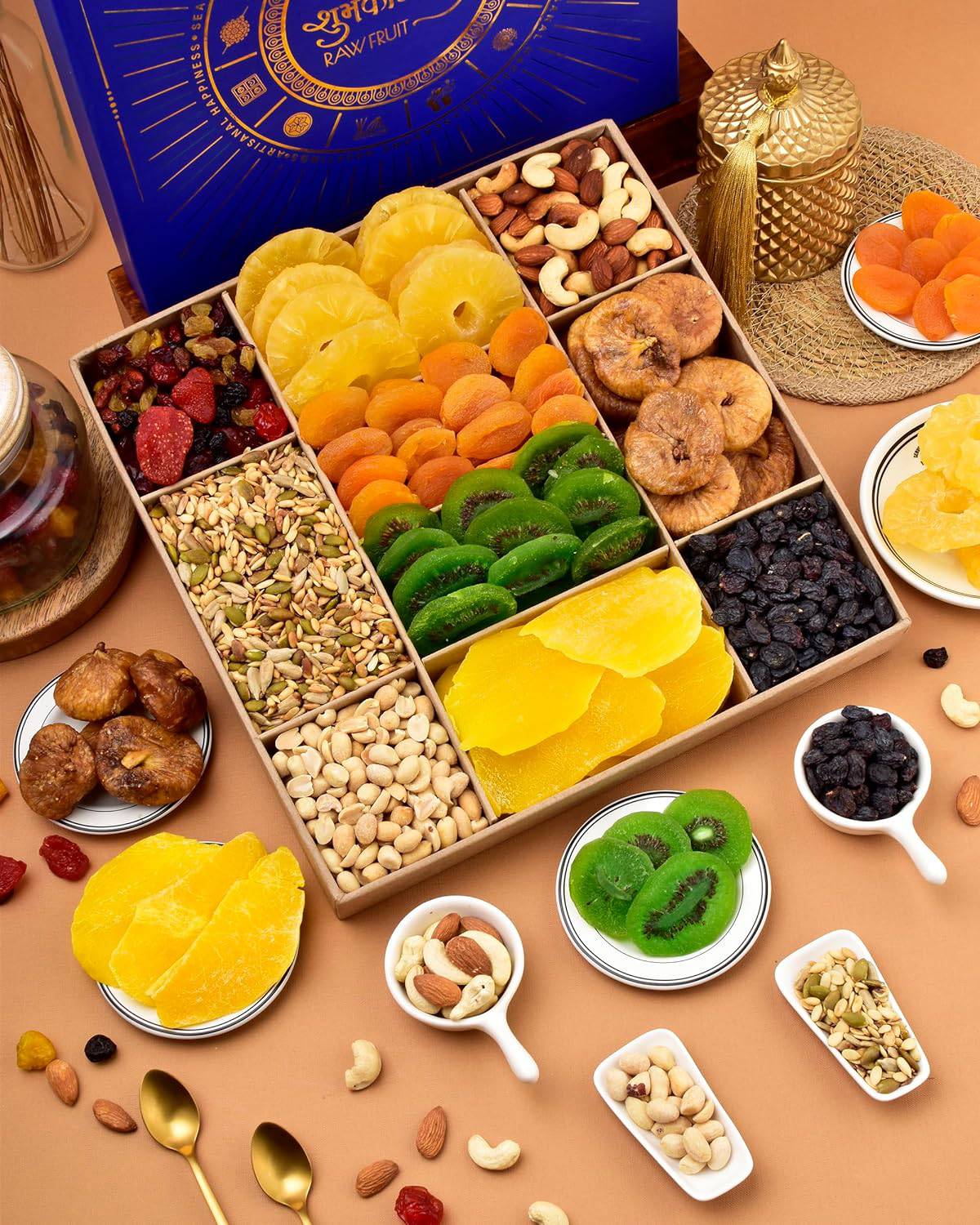 Diwali Gift Items Diwali Dryfruit Gift Box Diwali Hampers Diwali Gift For Family And Friends Gift For Diwali Blue L10 Tray Mango Kiwi Apricot Dry Fruits Combo Pack - YuvaFlowers