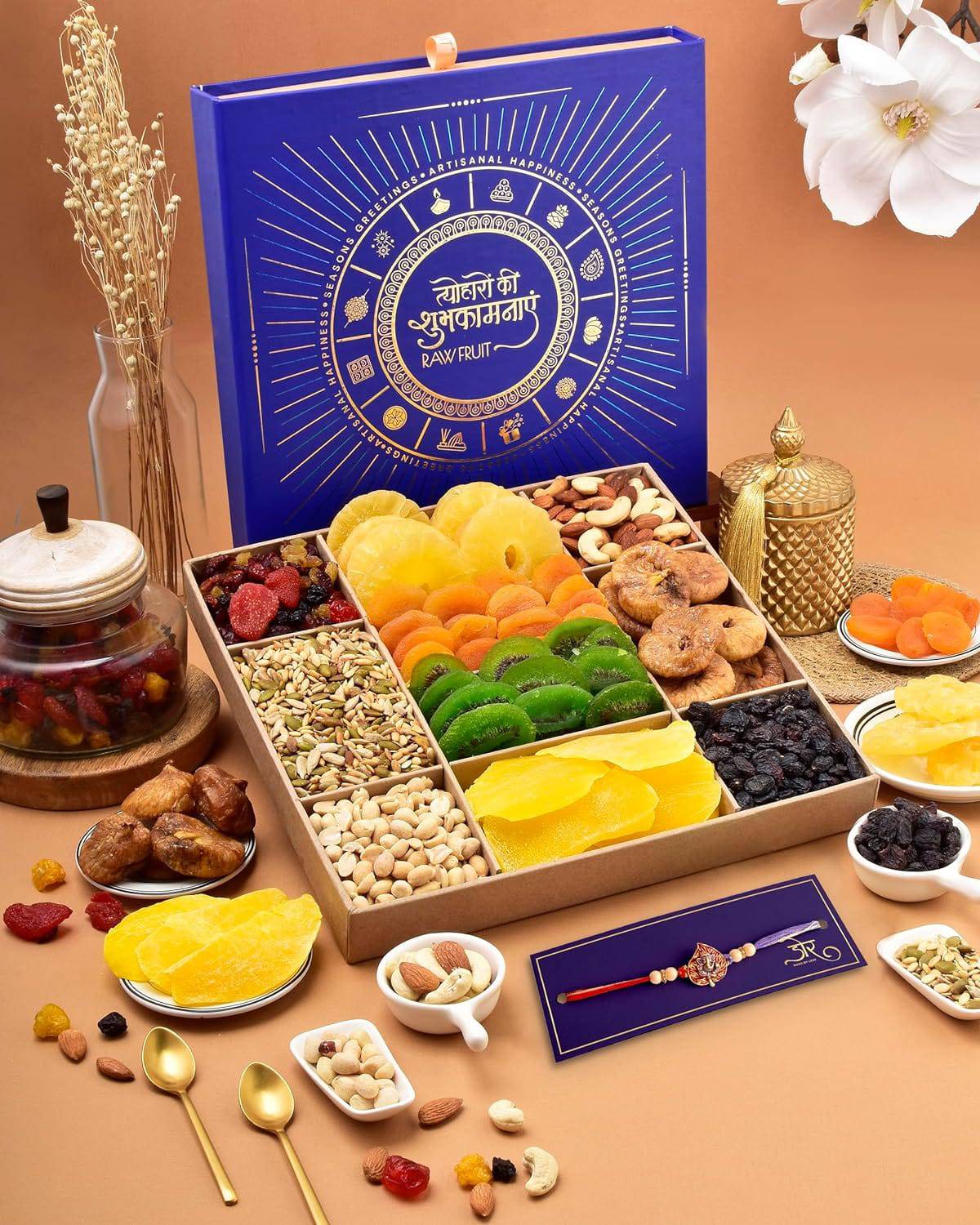 Diwali Gift Items Diwali Dryfruit Gift Box Diwali Hampers Diwali Gift For Family And Friends Gift For Diwali Blue L10 Tray Mango Kiwi Apricot Dry Fruits Combo Pack - YuvaFlowers