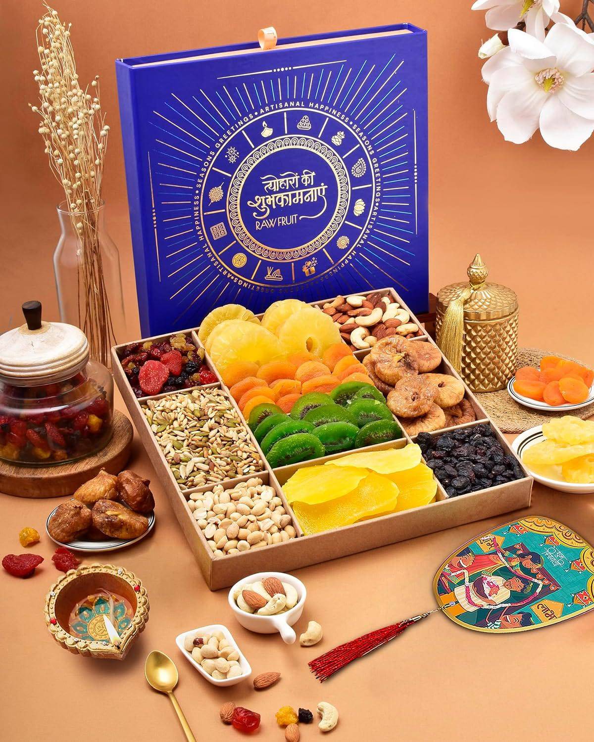 Diwali Gift Items Diwali Dryfruit Gift Box Diwali Hampers Diwali Gift For Family And Friends Gift For Diwali Blue L10 Tray Mango Kiwi Apricot Dry Fruits Combo Pack - YuvaFlowers