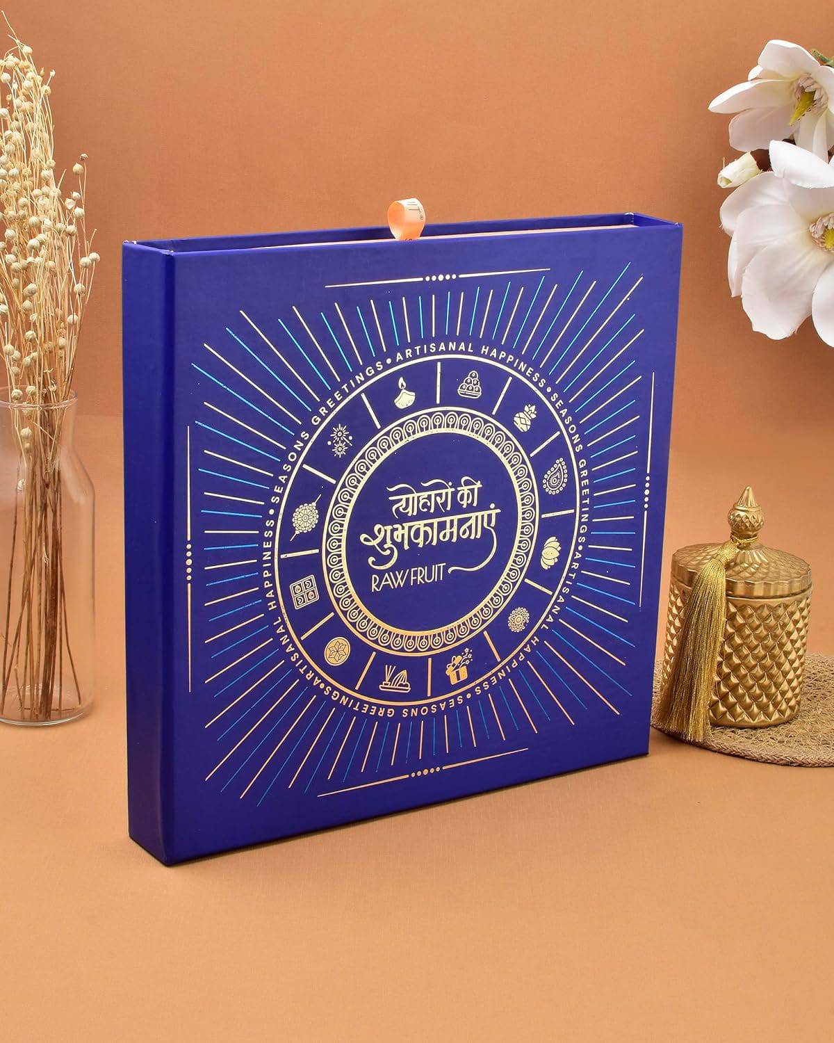 Diwali Gift Items Diwali Dryfruit Gift Box Diwali Hampers Diwali Gift For Family And Friends Gift For Diwali Blue L10 Tray Mango Kiwi Apricot Dry Fruits Combo Pack - YuvaFlowers