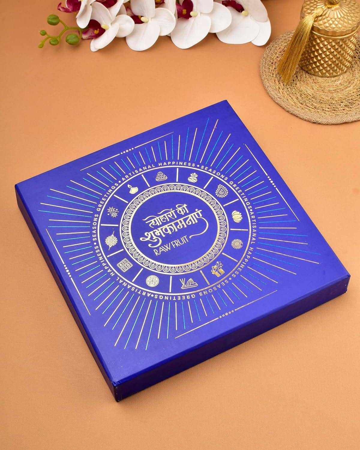 Diwali Gift Items Diwali Dryfruit Gift Box Diwali Hampers Diwali Gift For Family And Friends Gift For Diwali Blue L10 Tray Mango Kiwi Apricot Dry Fruits Combo Pack - YuvaFlowers