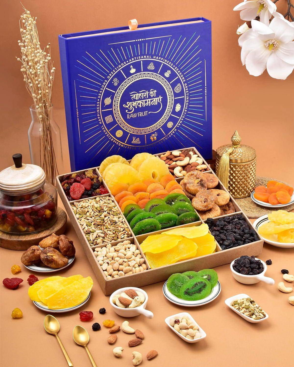 Diwali Gift Items Diwali Dryfruit Gift Box Diwali Hampers Diwali Gift For Family And Friends Gift For Diwali Blue L10 Tray Mango Kiwi Apricot Dry Fruits Combo Pack - YuvaFlowers