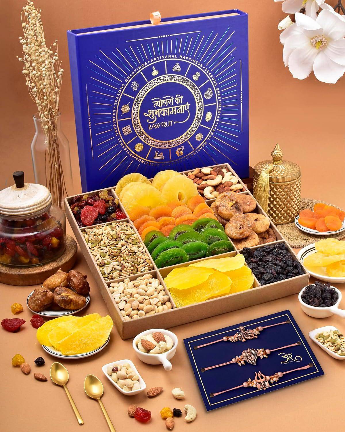 Diwali Gift Items Diwali Dryfruit Gift Box Diwali Hampers Diwali Gift For Family And Friends Gift For Diwali Blue L10 Tray Mango Kiwi Apricot Dry Fruits Combo Pack - YuvaFlowers