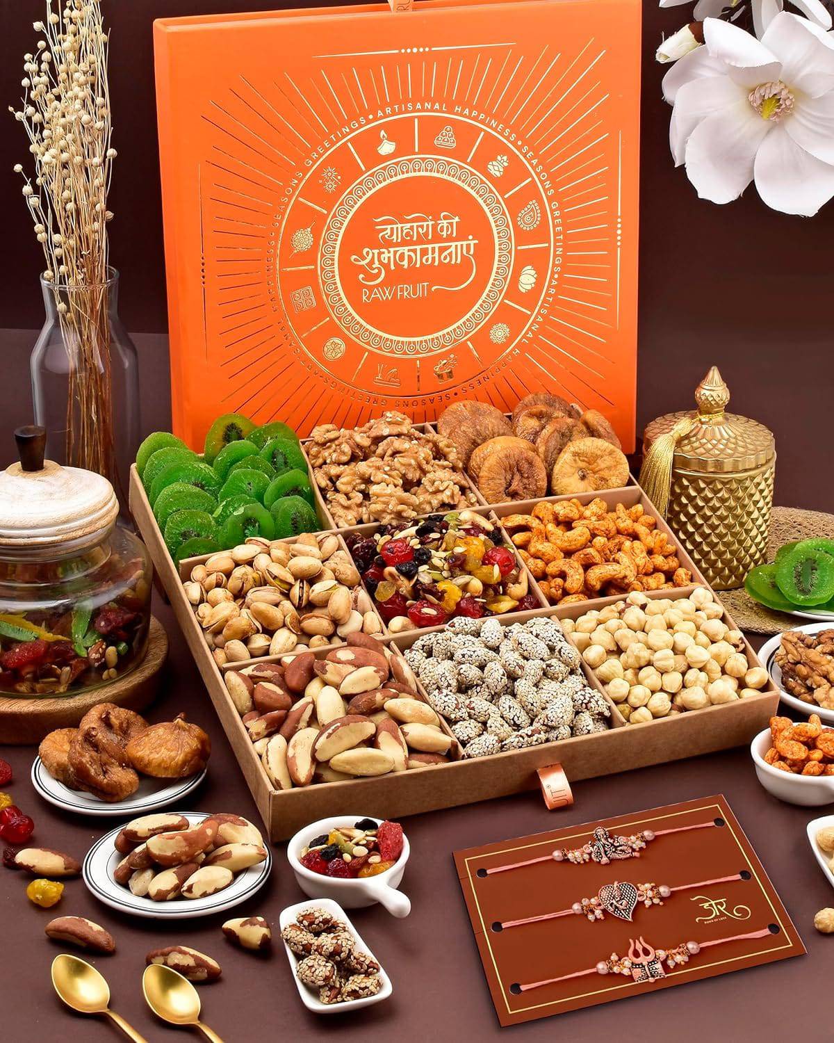 Diwali Gift Items Diwali Dryfruit Gift Box Diwali Hampers Diwali Gift For Family And Friends Gift For Diwali Blue L10 Tray Mango Kiwi Apricot Dry Fruits Combo Pack - YuvaFlowers