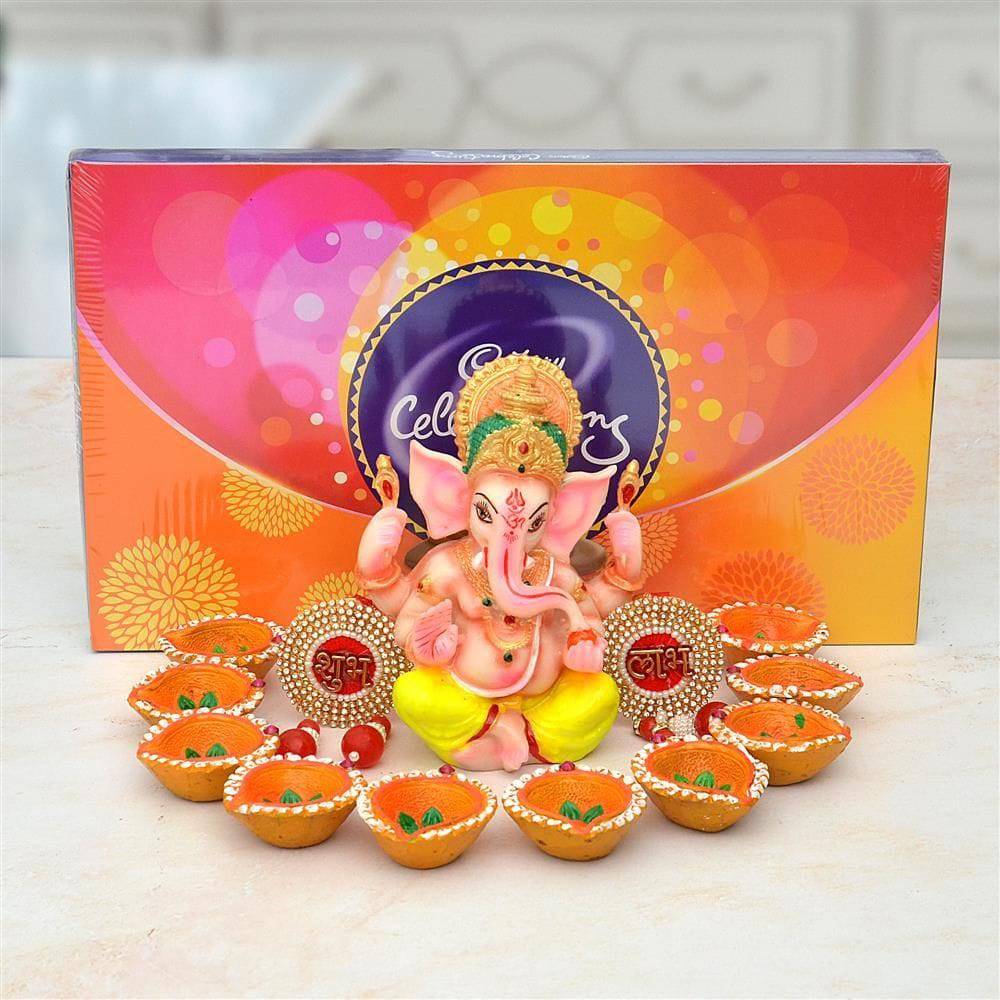 Diwali Hamper - Mukut Ganesh Idol, Diya, Cadbury Celebration with Diya Hampers - YuvaFlowers