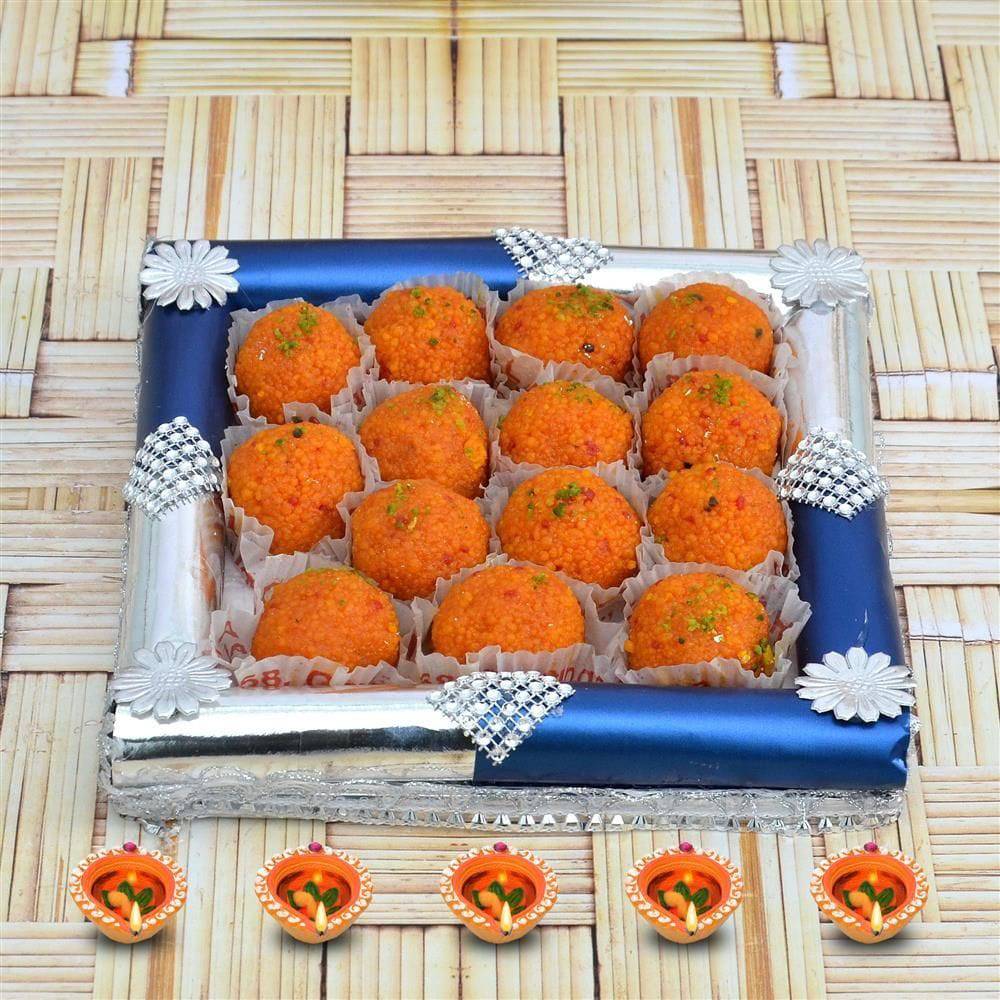 Diwali Sweets Thali - Motichur Laddu with Thali - YuvaFlowers