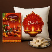 Diwali Wishes Card with Printed Cushion & 200gm Kaju Katli Gift Combo