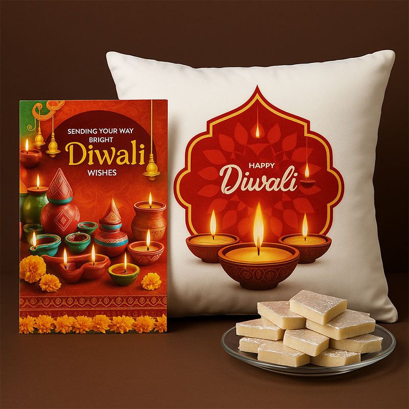 Diwali Wishes Card with Printed Cushion & 200gm Kaju Katli Gift Combo