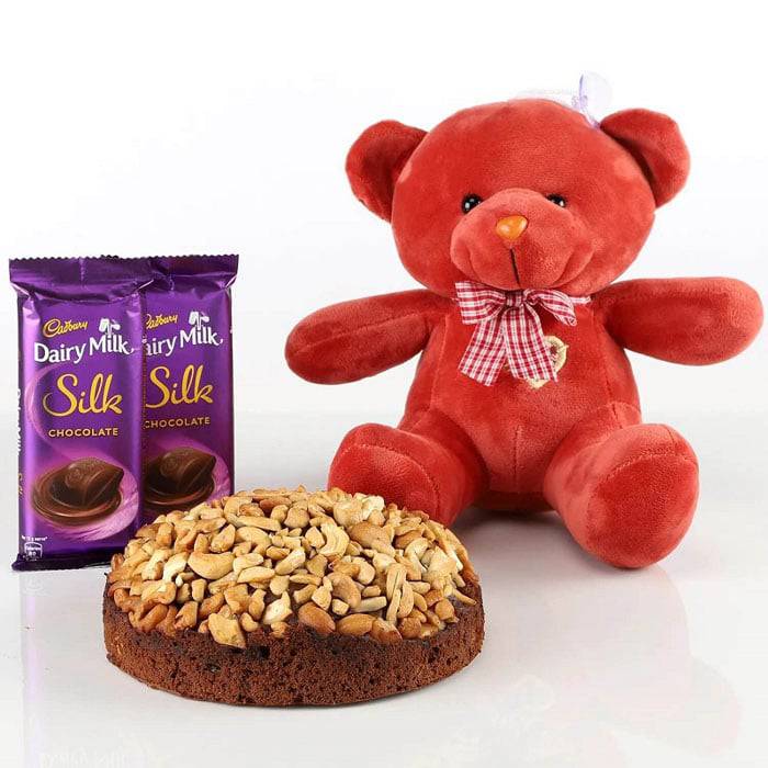 Dry Cake With Teddy Bear & Chocolates Combo - YuvaFlowers