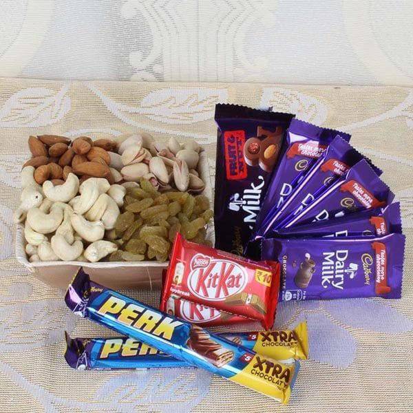 Dry Fruits in Box 500 Grams and Chocolates Combo - YuvaFlowers