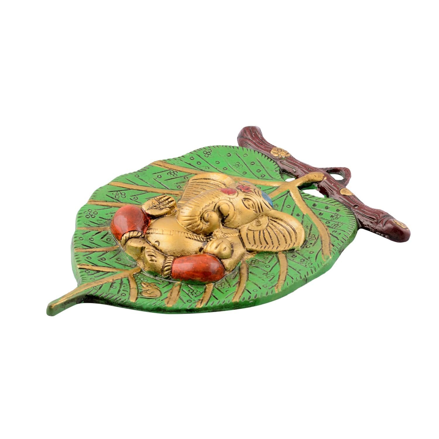 eCraftIndia Golden Metal Lord Ganesha in Red Dhoti on Green Leaf Wall Hanging Decorative showpiece for Home Decor, Wall Decor, Pooja Room Temple & Housewarming, Festival Gift - YuvaFlowers