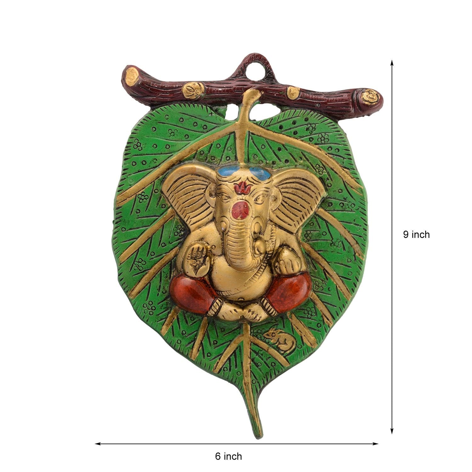 eCraftIndia Golden Metal Lord Ganesha in Red Dhoti on Green Leaf Wall Hanging Decorative showpiece for Home Decor, Wall Decor, Pooja Room Temple & Housewarming, Festival Gift - YuvaFlowers