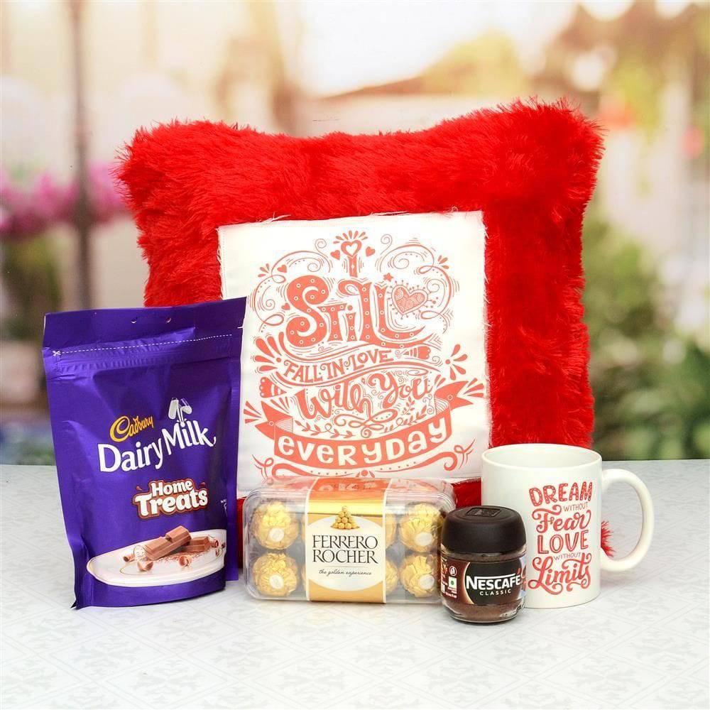 Fall In Love Pillow With Chocolates & Mug Hamper - YuvaFlowers