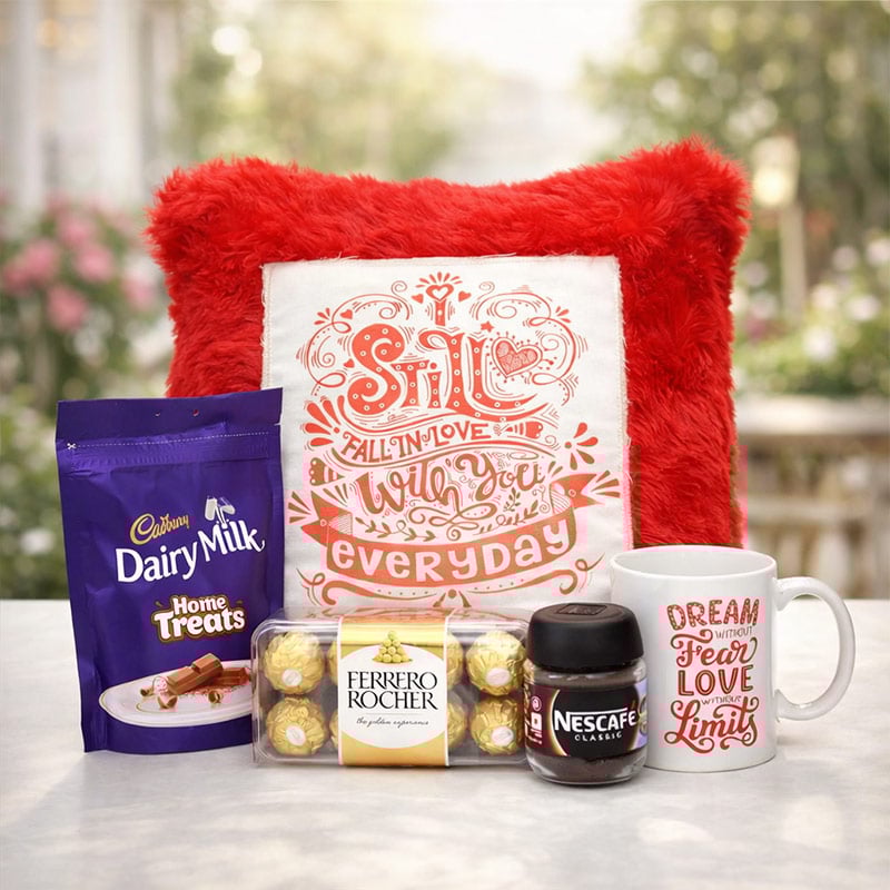 Fall In Love Pillow With Chocolates & Mug Hamper