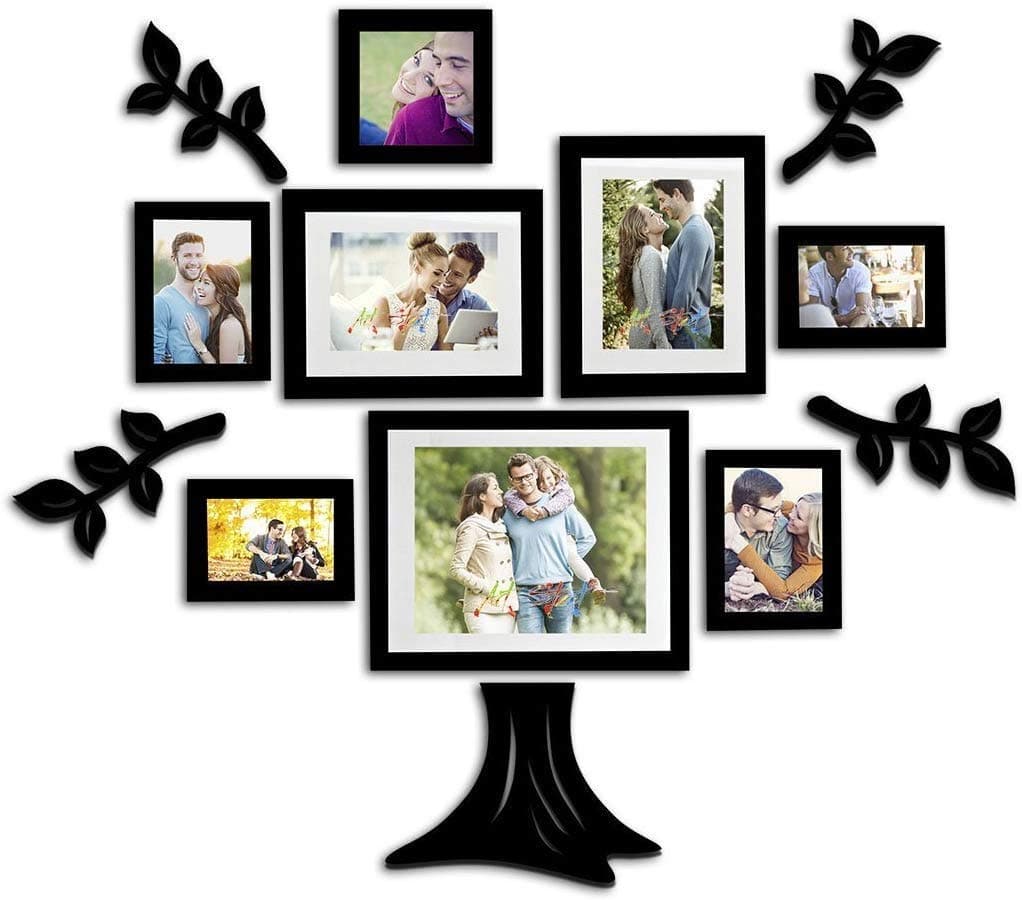 Family Tree Photo Frame set of 7 individual wall photo frame with MDF plaque - 2 Leaf,1 Trunk,1 Family and 2 Birds - YuvaFlowers