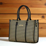 Fargo Premium Houndstooth Pattern Handbag for Women – Stylish Tote Bag with Black Leather Handles