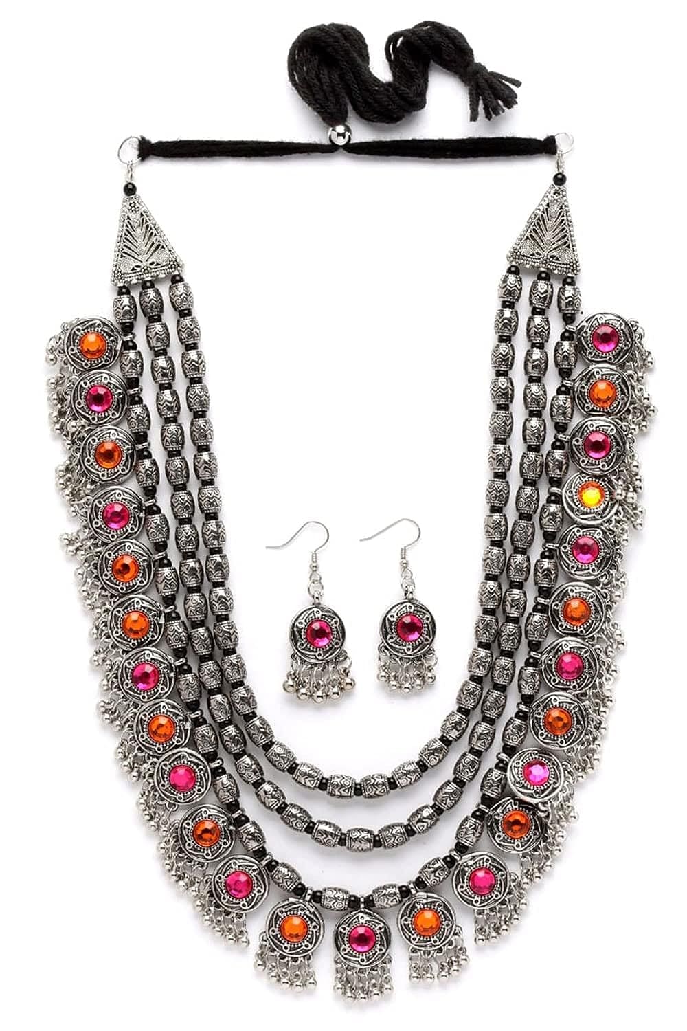 Fashion Latest Stylish Fancy Oxidised Silver Tribal Necklace Jewellery Set for Women (12164s), Multicolour, One - YuvaFlowers
