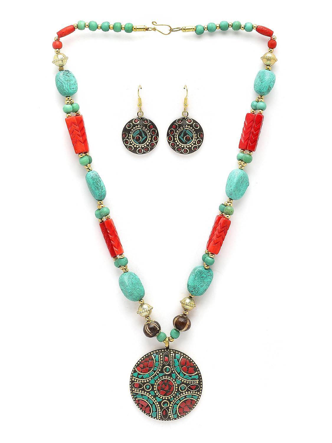 Fashion Latest Stylish Traditional Tibetan Pendant Necklace Jewellery Set for Women - YuvaFlowers