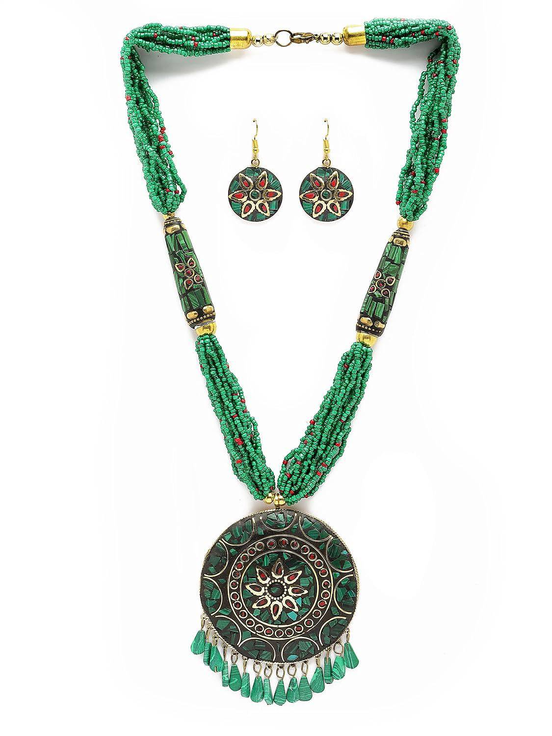 Fashion Latest Stylish Traditional Tibetan Pendant Necklace Jewellery Set for Women - YuvaFlowers