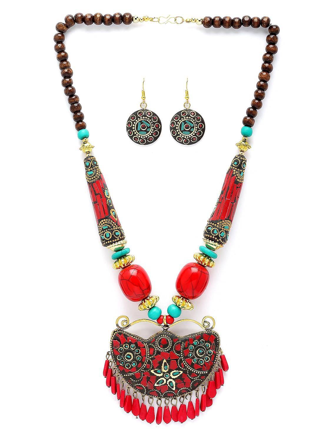 Fashion Latest Stylish Traditional Tibetan Pendant Necklace Jewellery Set for Women - YuvaFlowers