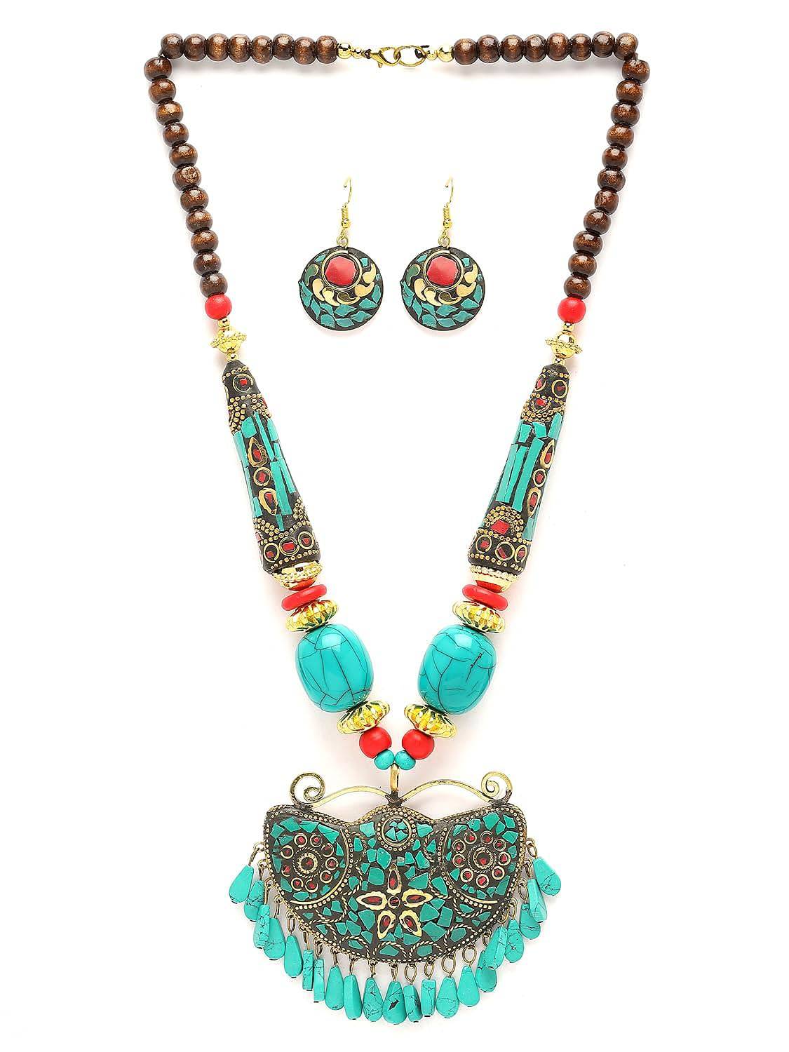Fashion Latest Stylish Traditional Tibetan Pendant Necklace Jewellery Set for Women - YuvaFlowers