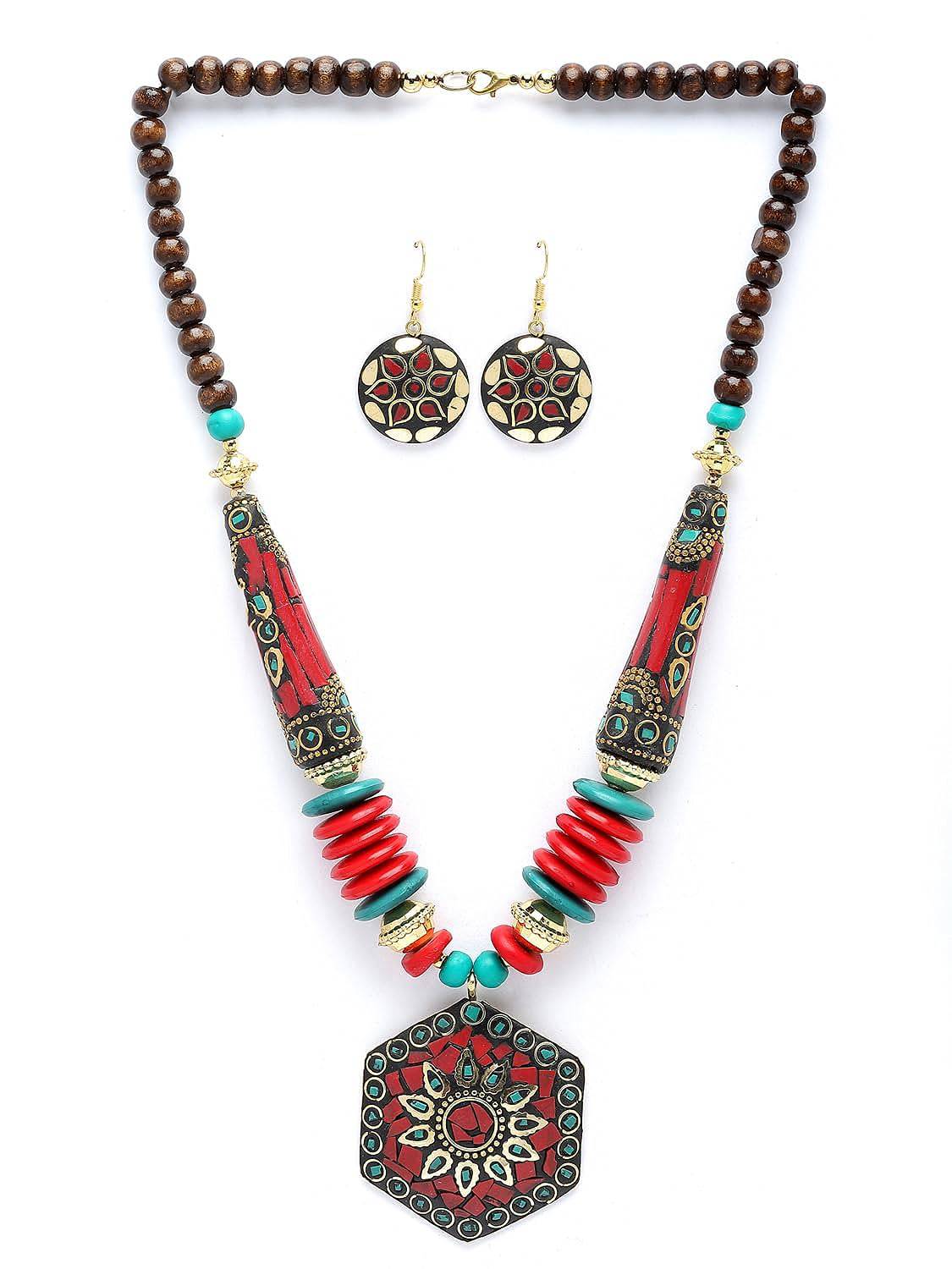 Fashion Latest Stylish Traditional Tibetan Pendant Necklace Jewellery Set for Women - YuvaFlowers