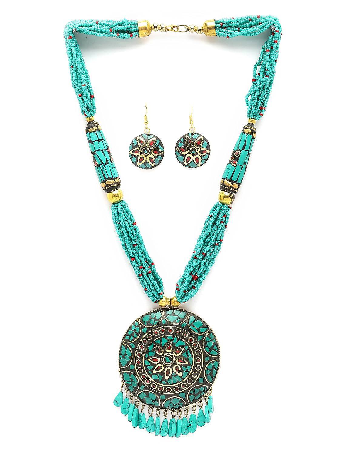 Fashion Latest Stylish Traditional Tibetan Pendant Necklace Jewellery Set for Women - YuvaFlowers