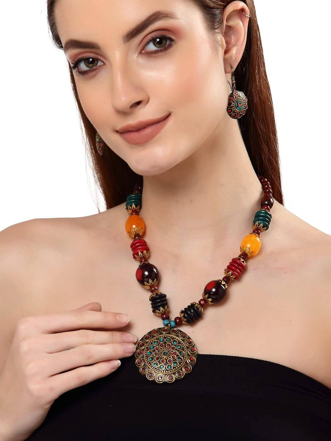 Fashion Latest Stylish Traditional Tibetan Pendant Necklace Jewellery Set for Women - YuvaFlowers