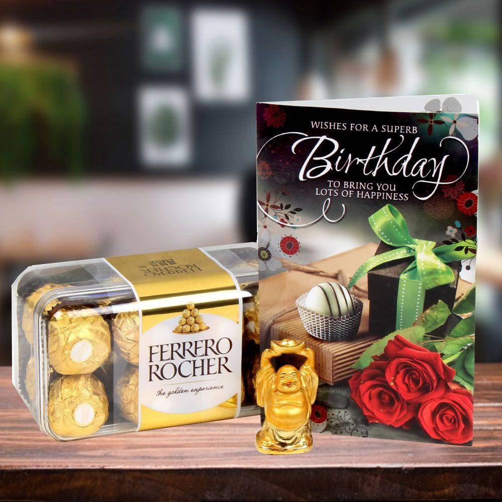 Ferrero Rocher Box, Birthday Card With Laughing Buddha - YuvaFlowers