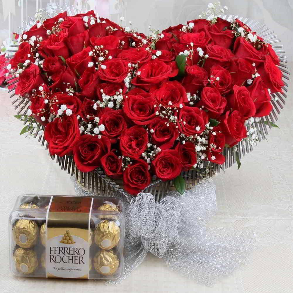 Ferrero Rocher Chocolate Box And Fifty Red Roses Heart Shape Arrangement - YuvaFlowers