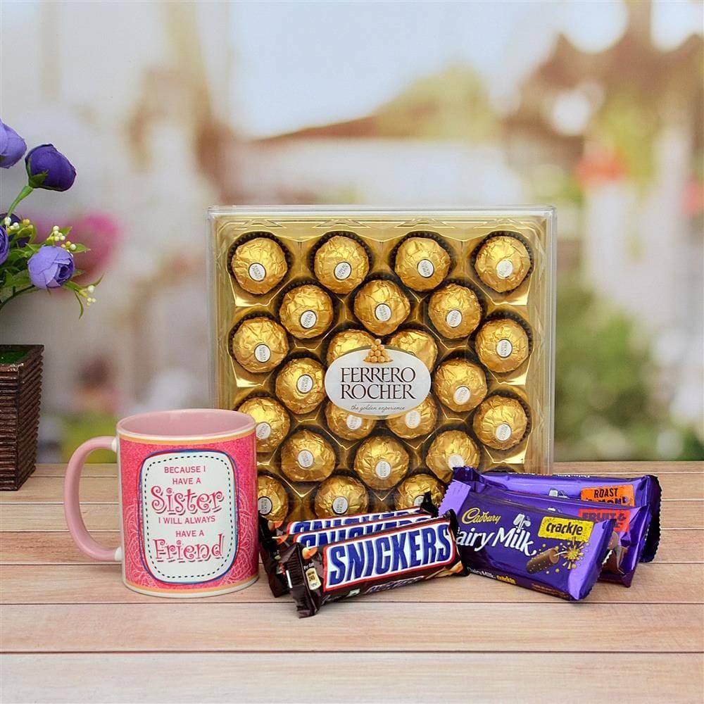 Ferrero Rocher, Snickers, Dairy Milk with Mug for Sister - YuvaFlowers