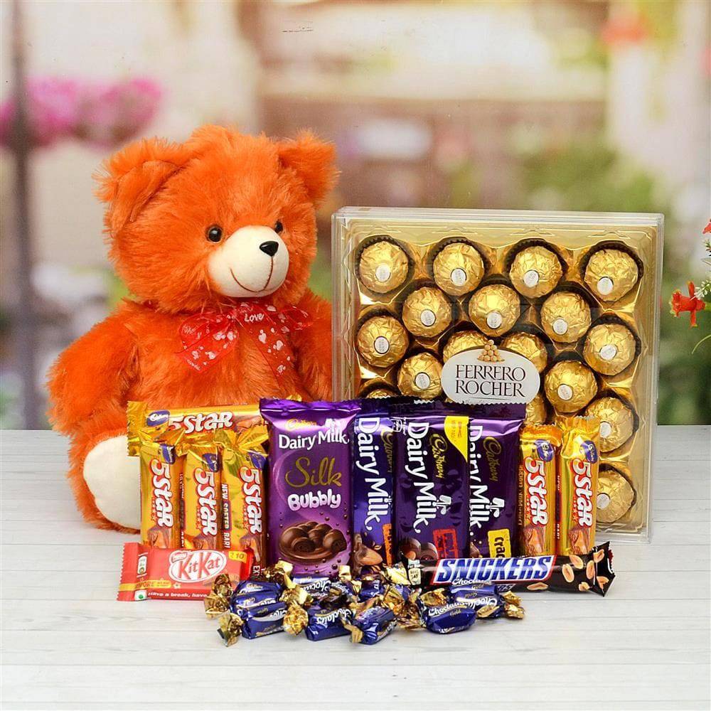 Ferrero Rocher With Chocolates & Teddy Hamper - YuvaFlowers