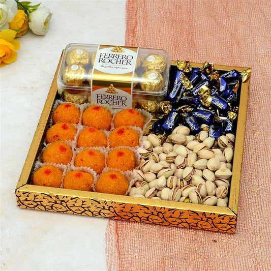 Ferrero Rocher With Laddu & Pista IN a Thali - YuvaFlowers