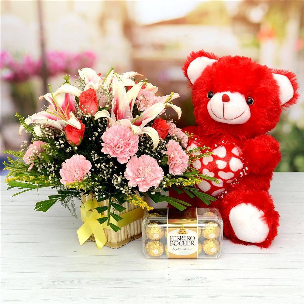 Flower Basket with Teddy and Ferrero Rocher - YuvaFlowers