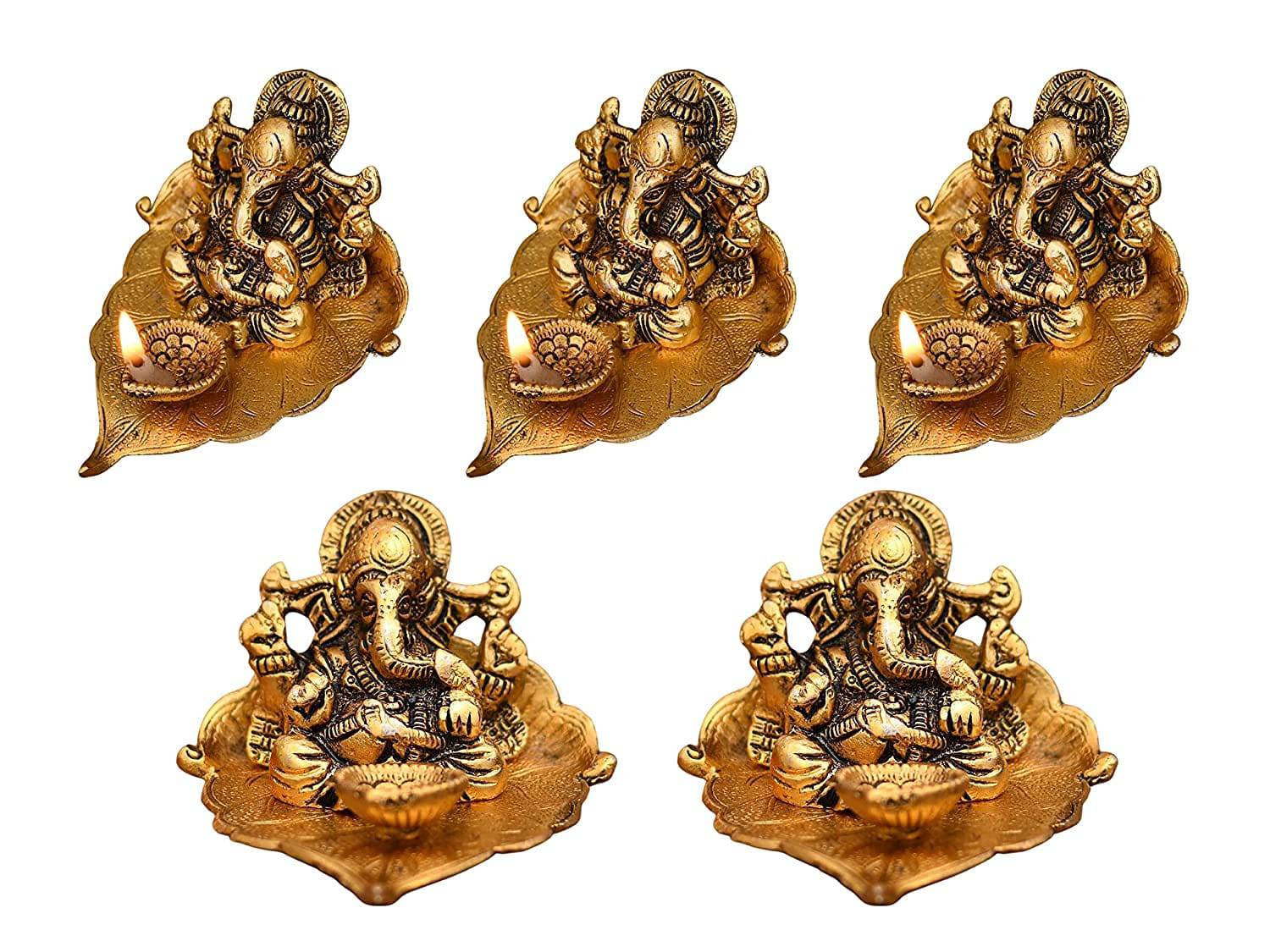 Ganesh Idol on Leaf - Lord Ganesha with Diya - Metal Diya for Diwali Decoration Items Home Decorative Gift Puja Gifts Corporate, Diwali Gift Item - YuvaFlowers