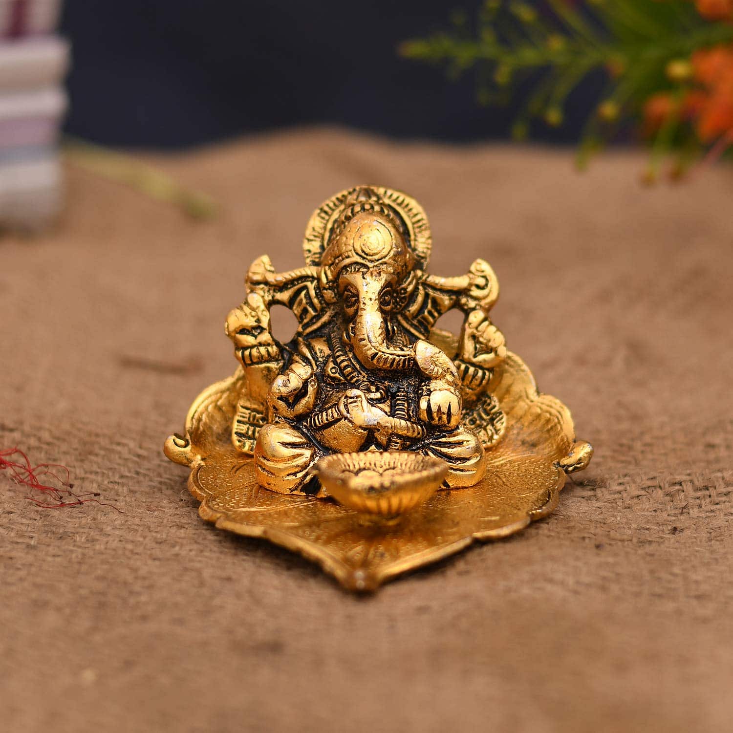 Ganesh Idol on Leaf - Lord Ganesha with Diya - Metal Diya for Diwali Decoration Items Home Decorative Gift Puja Gifts Corporate, Diwali Gift Item - YuvaFlowers