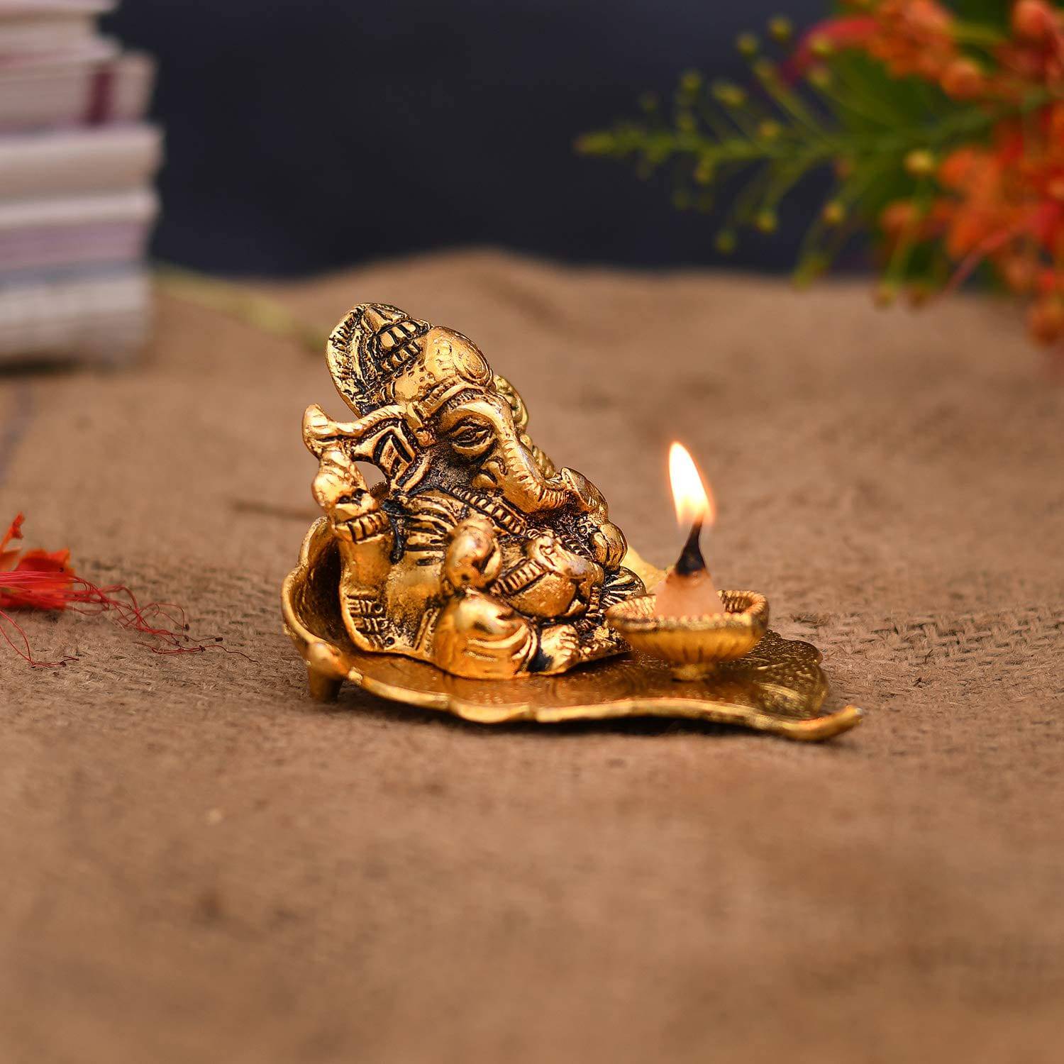 Ganesh Idol on Leaf - Lord Ganesha with Diya - Metal Diya for Diwali Decoration Items Home Decorative Gift Puja Gifts Corporate, Diwali Gift Item - YuvaFlowers