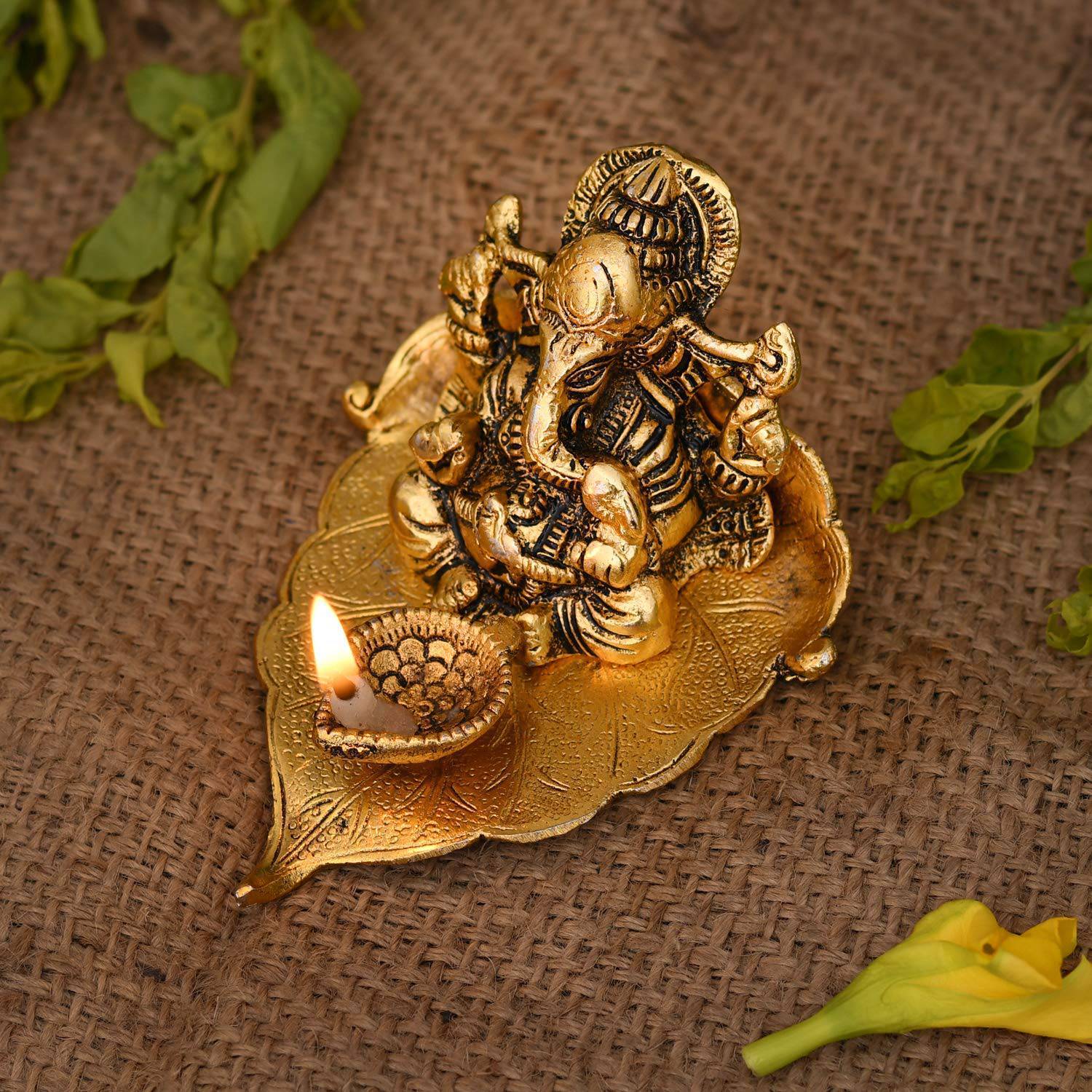 Ganesh Idol on Leaf - Lord Ganesha with Diya - Metal Diya for Diwali Decoration Items Home Decorative Gift Puja Gifts Corporate, Diwali Gift Item - YuvaFlowers