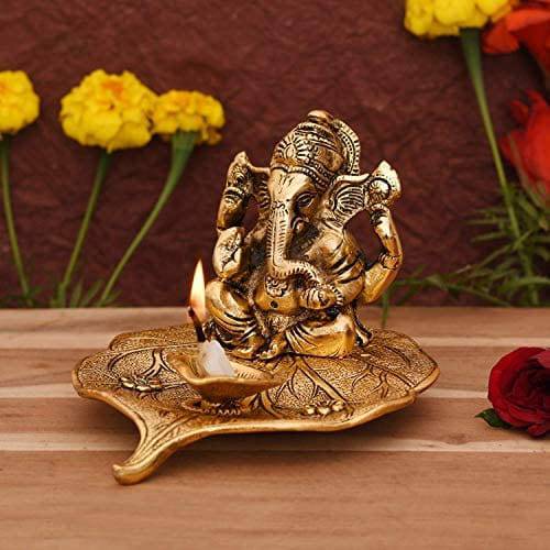 Ganesh Idol on Leaf - Lord Ganesha with Diya - Metal Diya for Diwali Decoration Items Home Decorative Gift Puja Gifts Corporate, Diwali Gift Item - YuvaFlowers