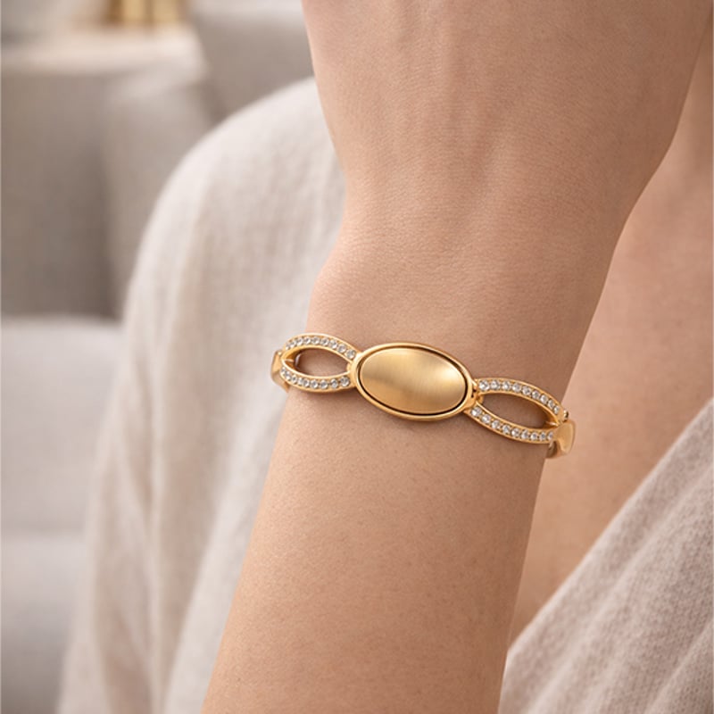 Elegant Gold-Tone Crystal Studded Oval Bracelet for Women