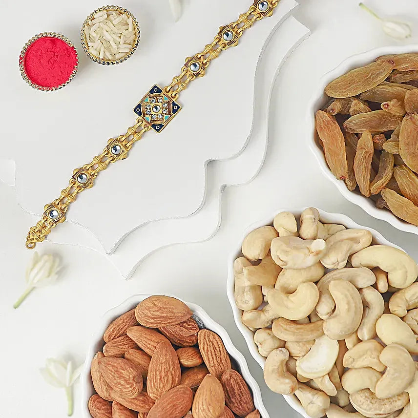 Golden Glamour Bracelet Rakhi & Dry Fruits