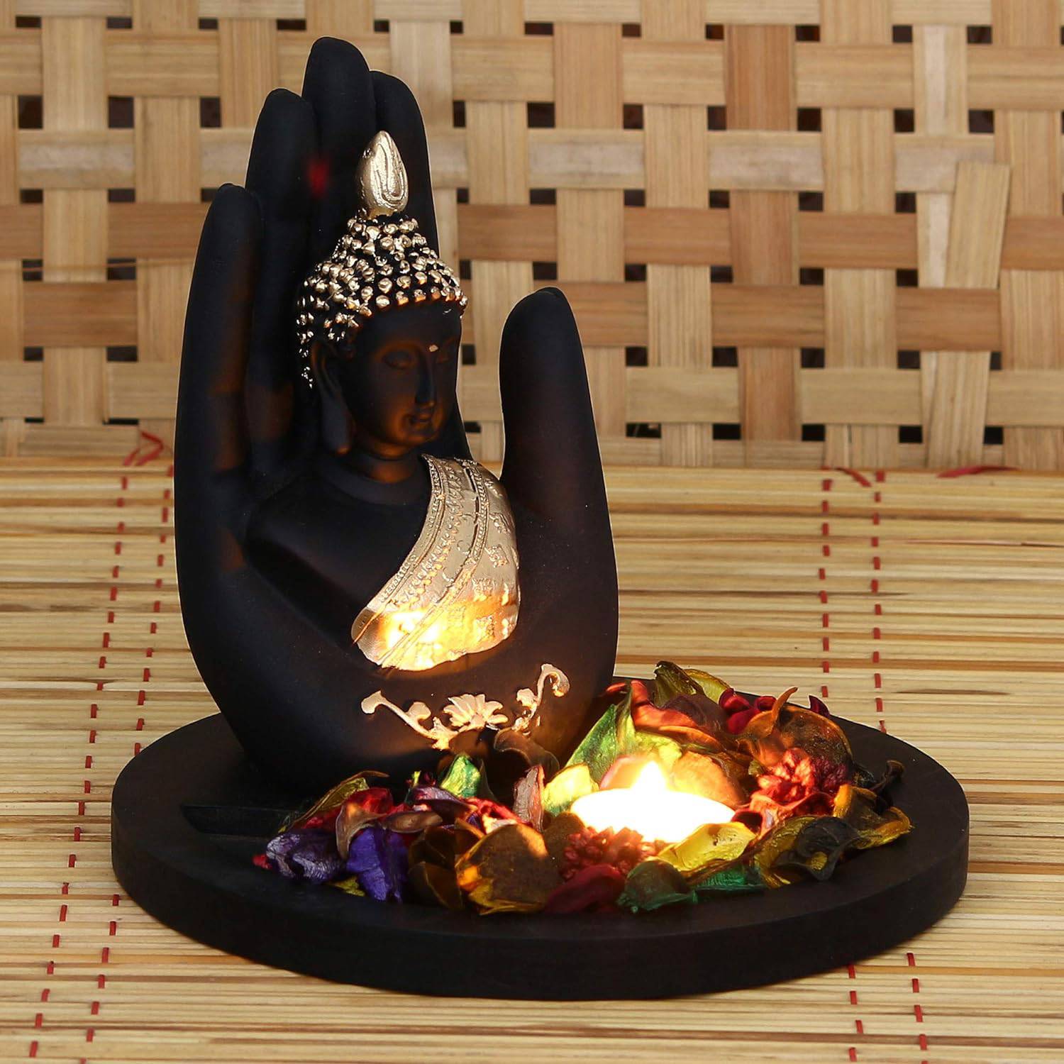 Golden Handcrafted Palm Buddha Polyresin Showpiece (12.5 cm x 7.5 cm x 17.5 cm, Black) - YuvaFlowers