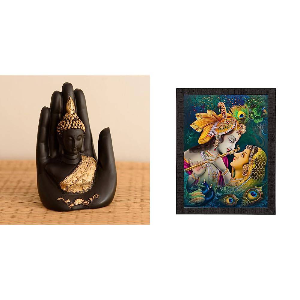 Golden Handcrafted Palm Buddha Polyresin Showpiece (12.5 cm x 7.5 cm x 17.5 cm, Black) - YuvaFlowers