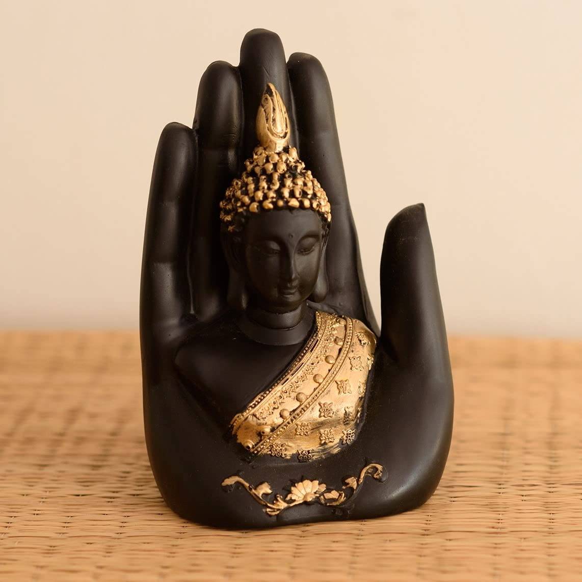 Golden Handcrafted Palm Buddha Polyresin Showpiece (12.5 cm x 7.5 cm x 17.5 cm, Black) - YuvaFlowers