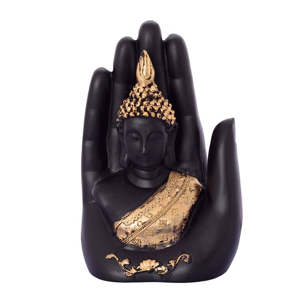 Golden Handcrafted Palm Buddha Polyresin Showpiece (12.5 cm x 7.5 cm x 17.5 cm, Black) - YuvaFlowers